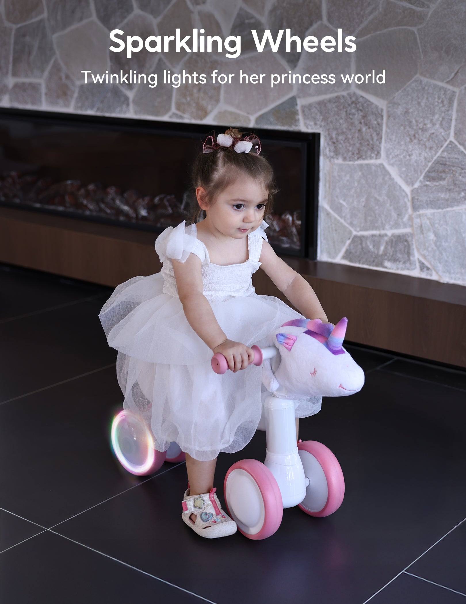 Unicorn-shaped toddler balance bike with LED sparkling wheels, designed for 1–3 year old girls to enjoy fun and imaginative indoor rides from the Magic Ride series by Babelio.