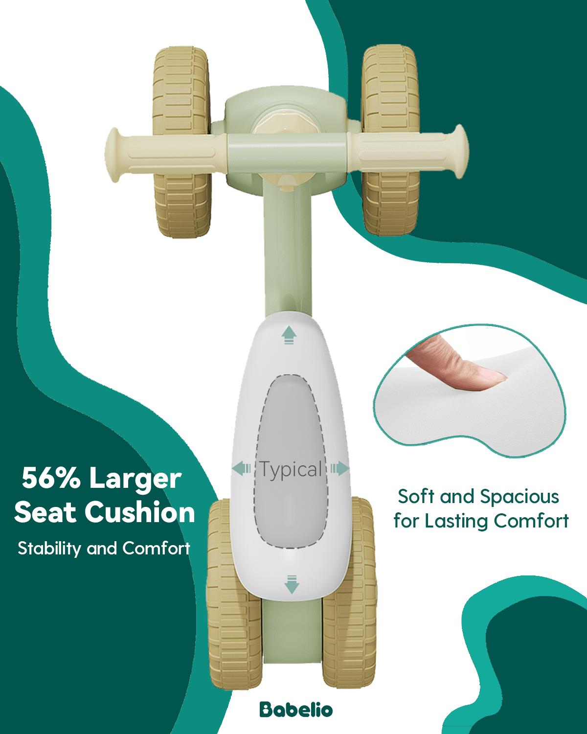 Babelio toddler balance bike with large seat cushion and soft, spacious padding for comfort.