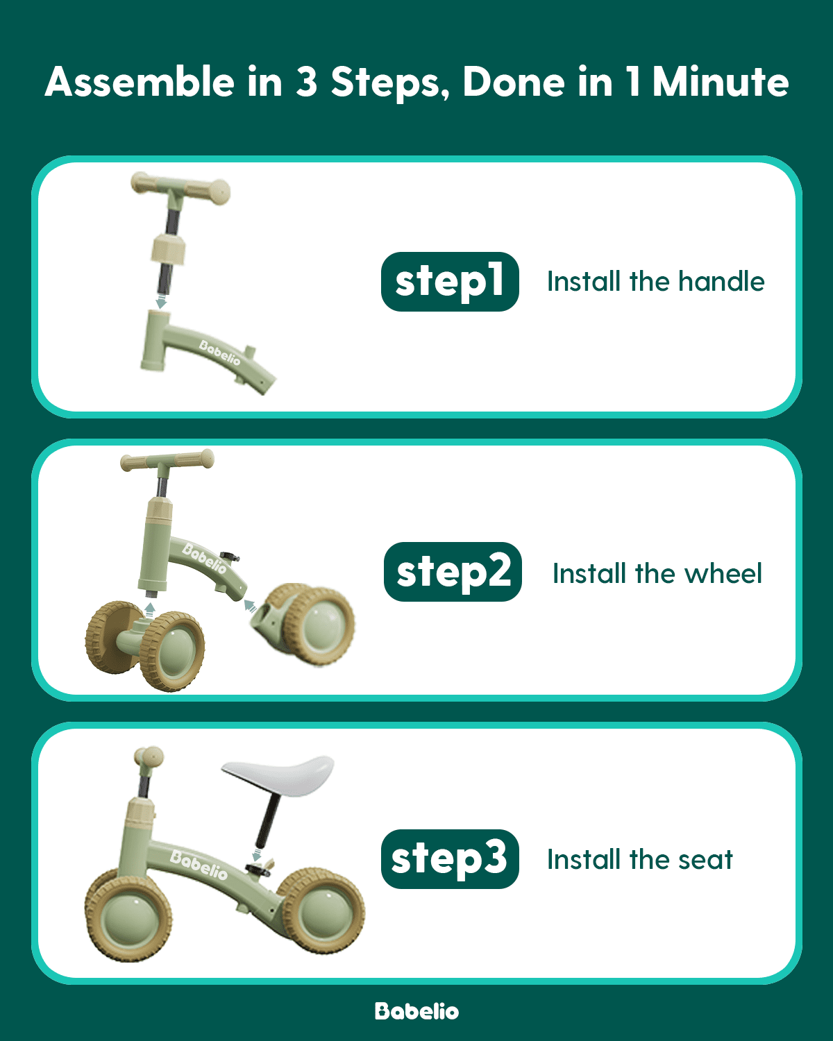 Babelio toddler balance bike assembly steps, showing handle, wheel, and seat installation.