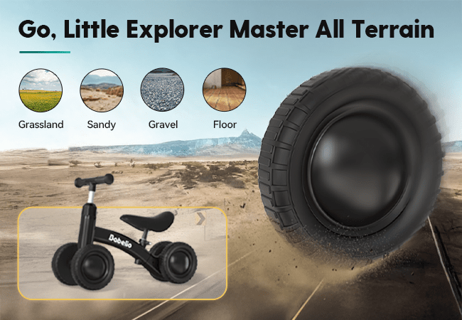Babelio black balance bike for toddlers shown with all-terrain tires, ideal for outdoor play.