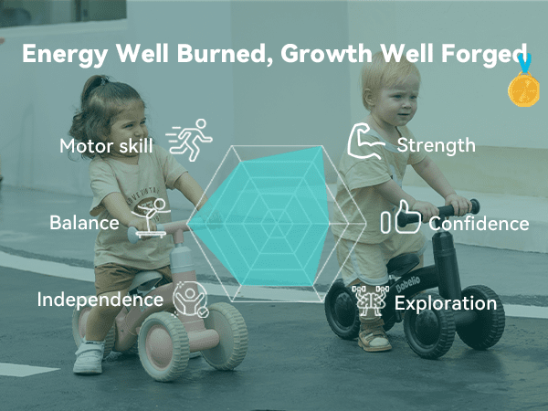 Babelio toddler balance bikes with two kids riding in a playroom, promoting motor skill development.