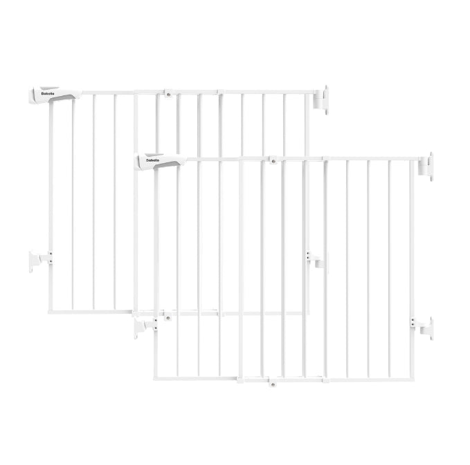 White adjustable baby gate bundle for stairs and doorways, two-pack safety gates with auto-close and double lock design, sturdy steel frame for baby and pet safety, Babelio Boundless B17