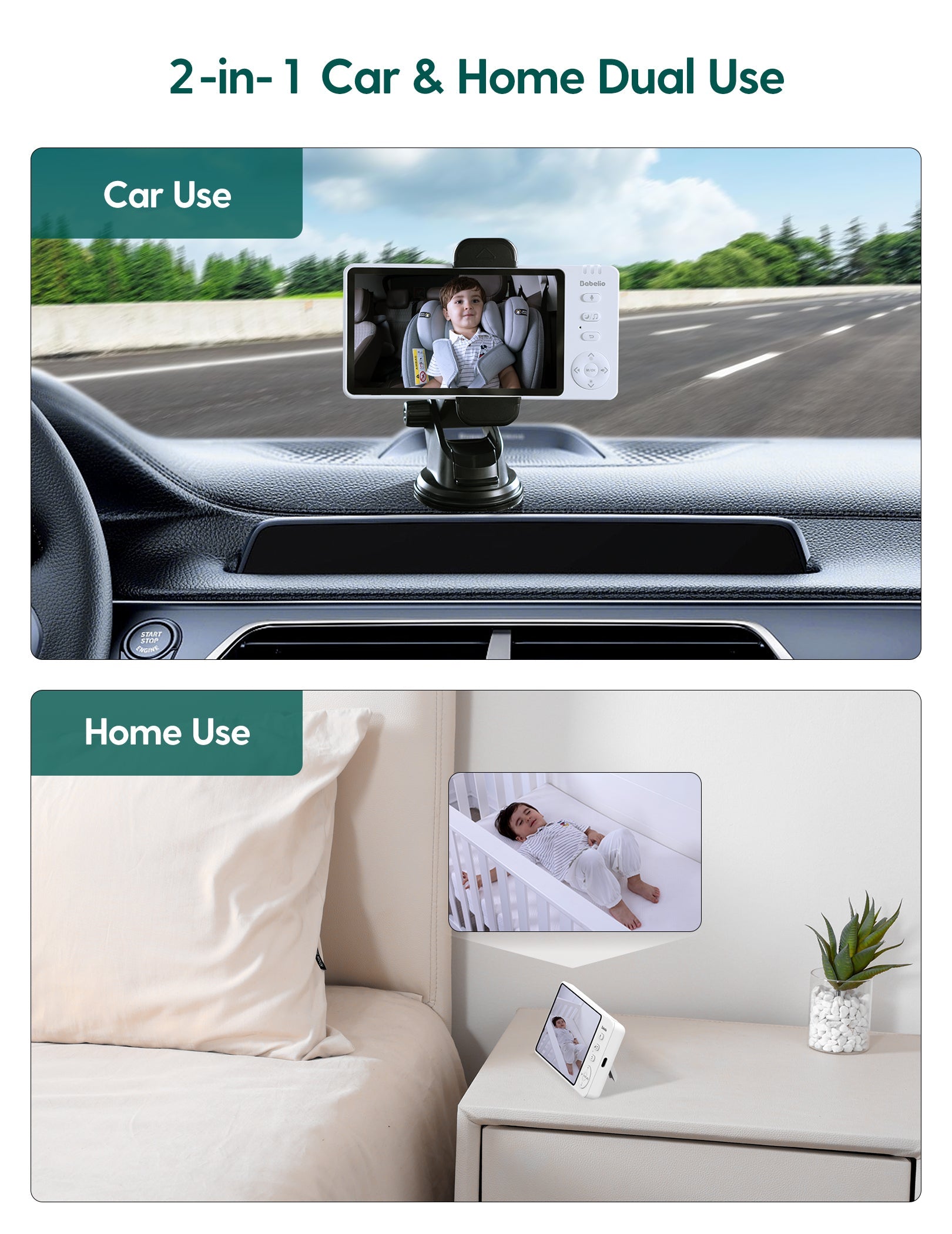 Wireless Baby Car Camera | 2 - in - 1 Baby Monitor with Night Vision, 8H Battery, 5” HD Display - babeliobaby - 