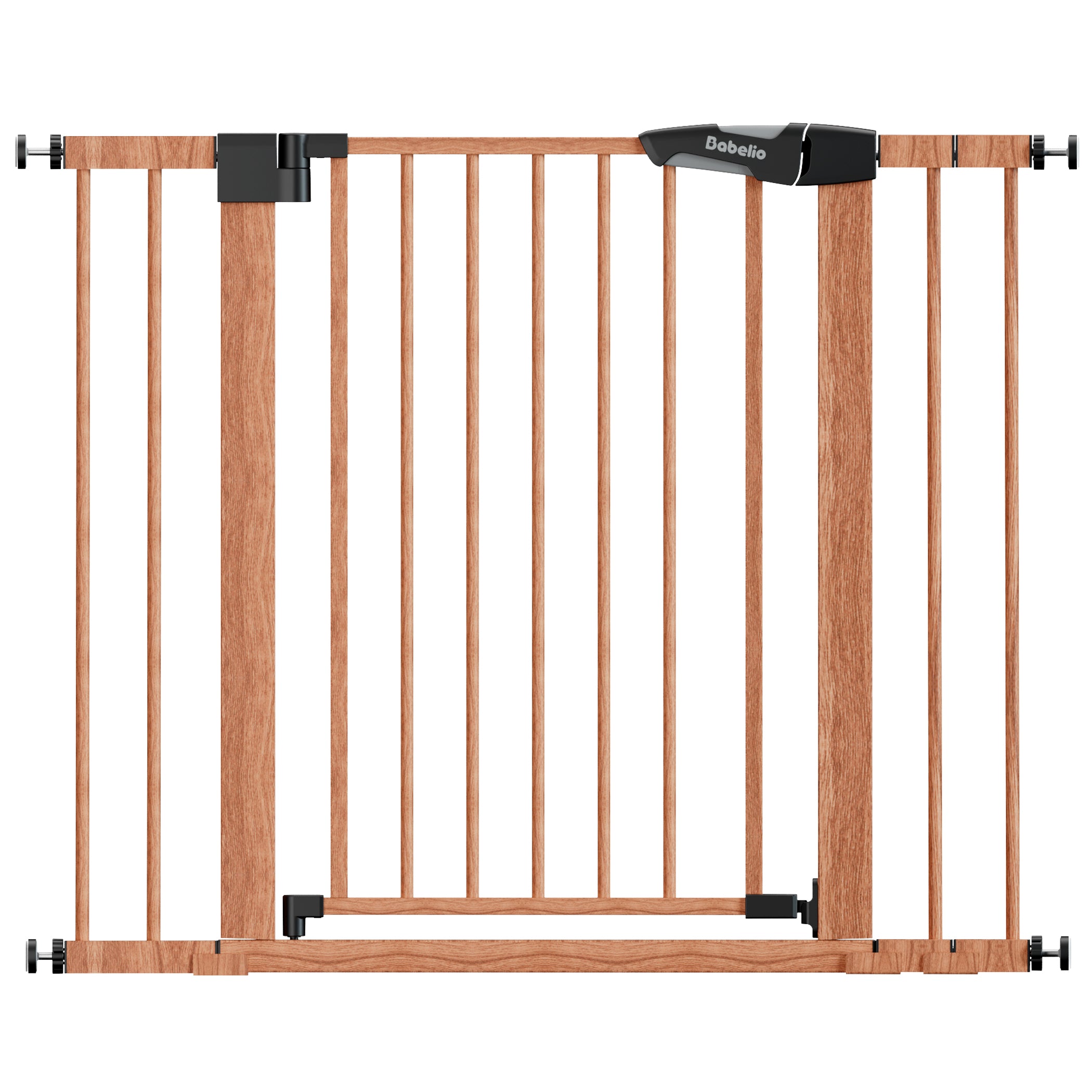 Wooden baby gate with black on a white background