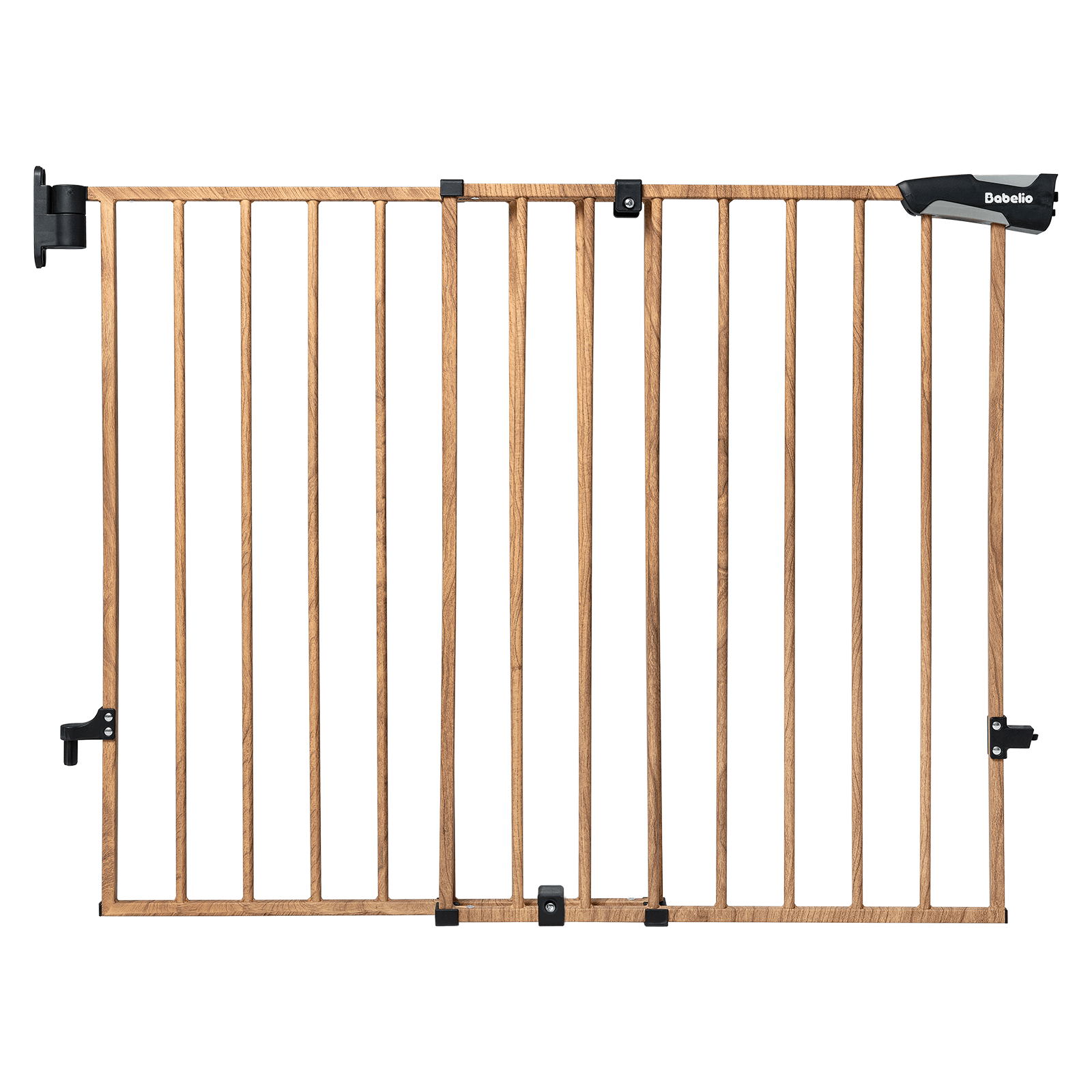 Wood pattern adjustable baby gate for stairs and doorways, durable alloy frame with auto-close and double lock design for baby and pet safety, Babelio Boundless B17 safety gate
