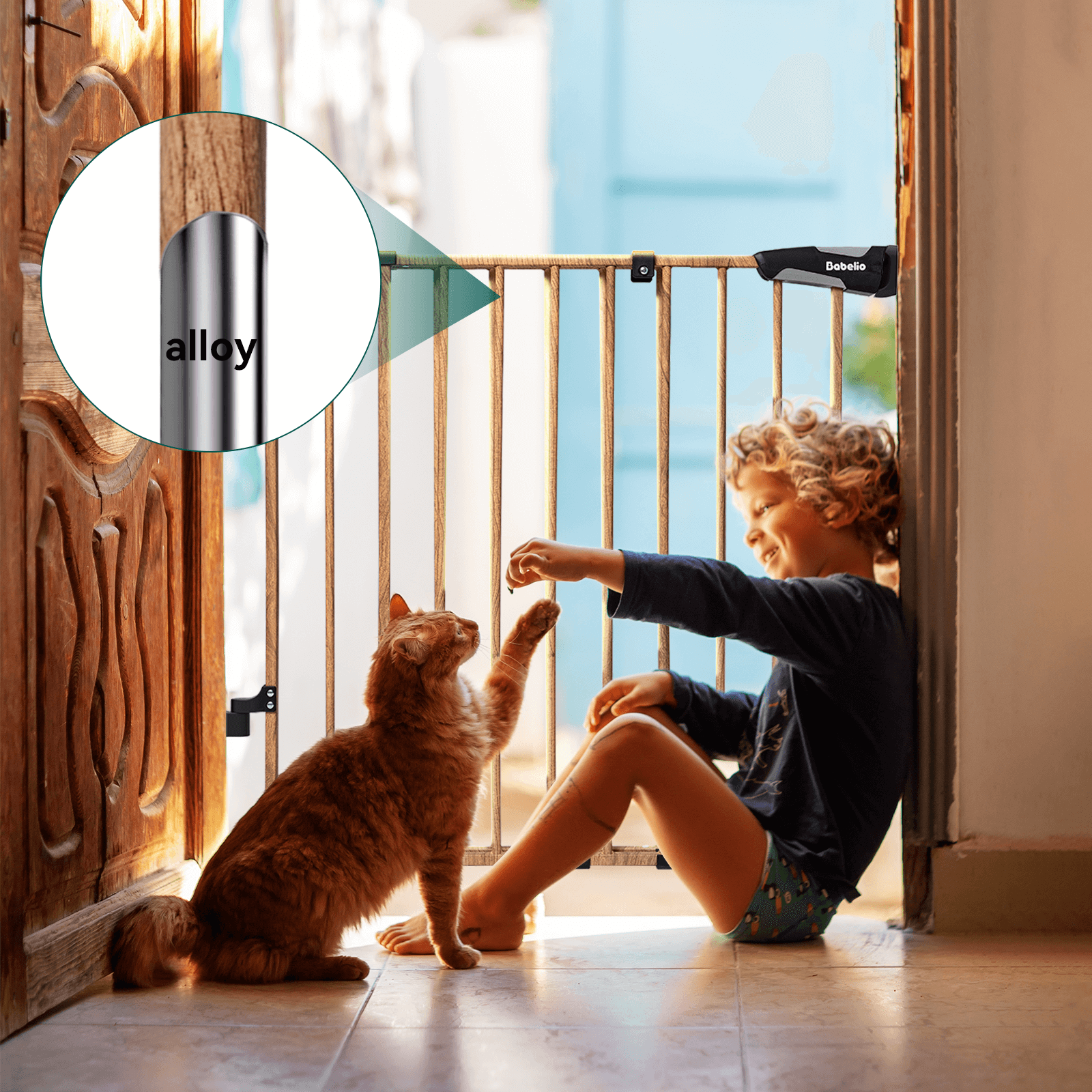 Child playing with a cat beside a wood pattern baby gate made of durable alloy material, safe and sturdy design for babies and pets, Babelio Boundless B17 adjustable baby gate for stairs and doorways