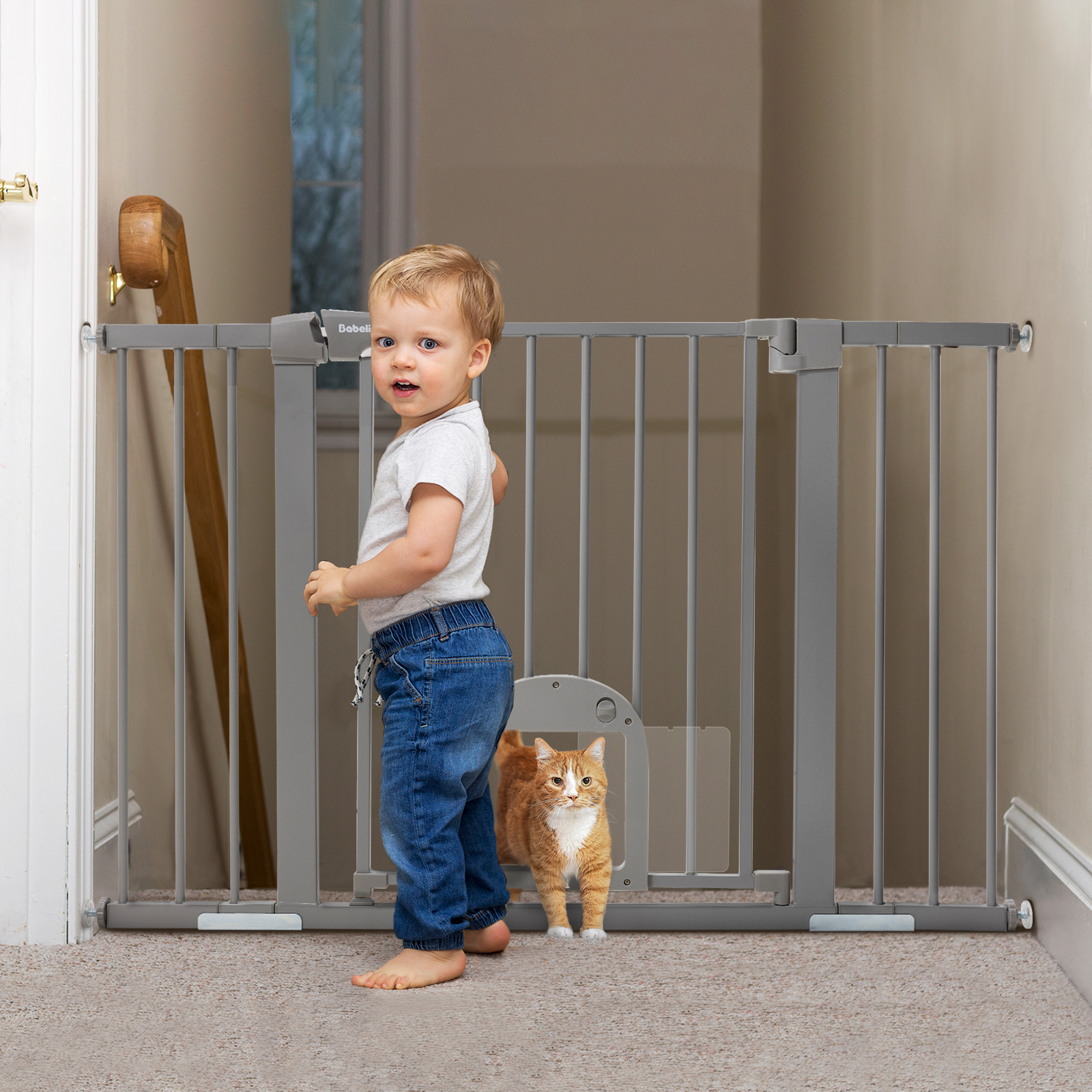 Babelio Upgraded  29-43" Baby Gate with Cat Door, Auto Close Dog Gate for Stairs