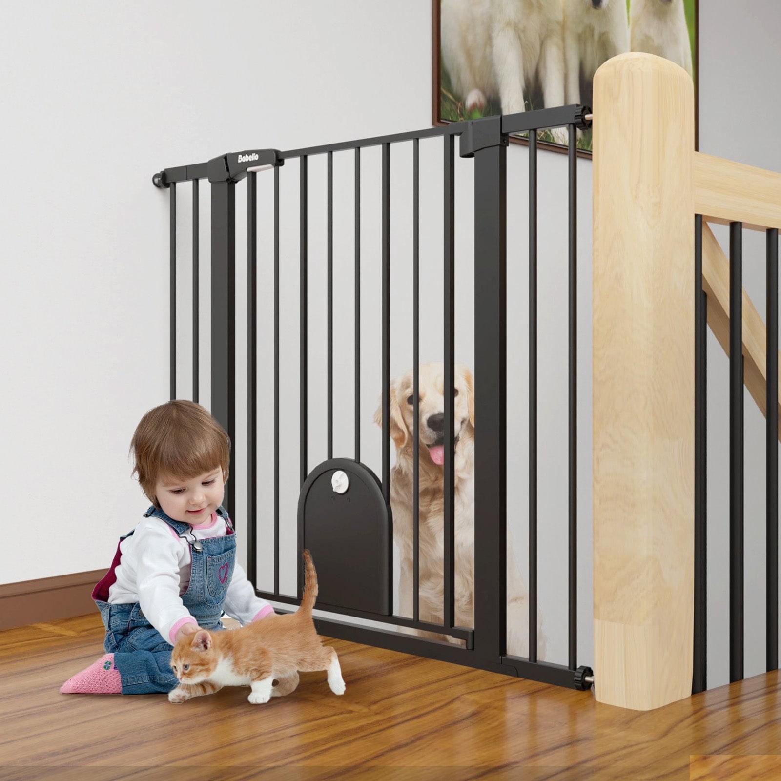 Babelio 36" Tall Auto Close Baby Gate with Small Cat Door, 29-43" Metal Cat Gate for Doorway, Stairs, House, White - babeliobaby