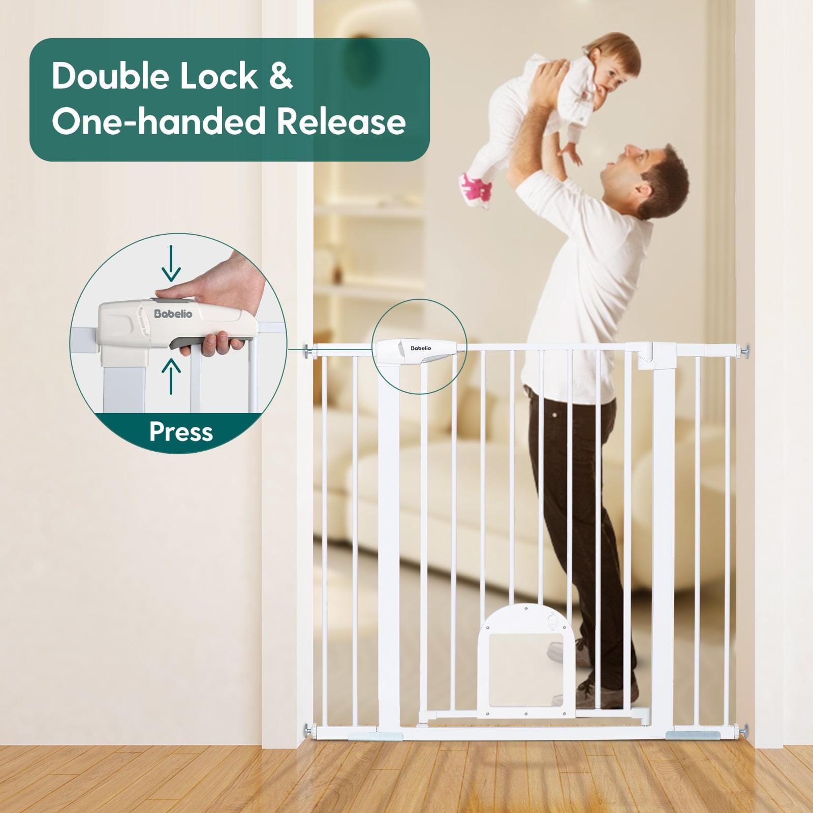 Babelio 36" Tall Upgraded Baby Gate with Cat Door, 29-43" Auto Close Durable Dog Gate for Stairs, Doorways and House, White - babeliobaby