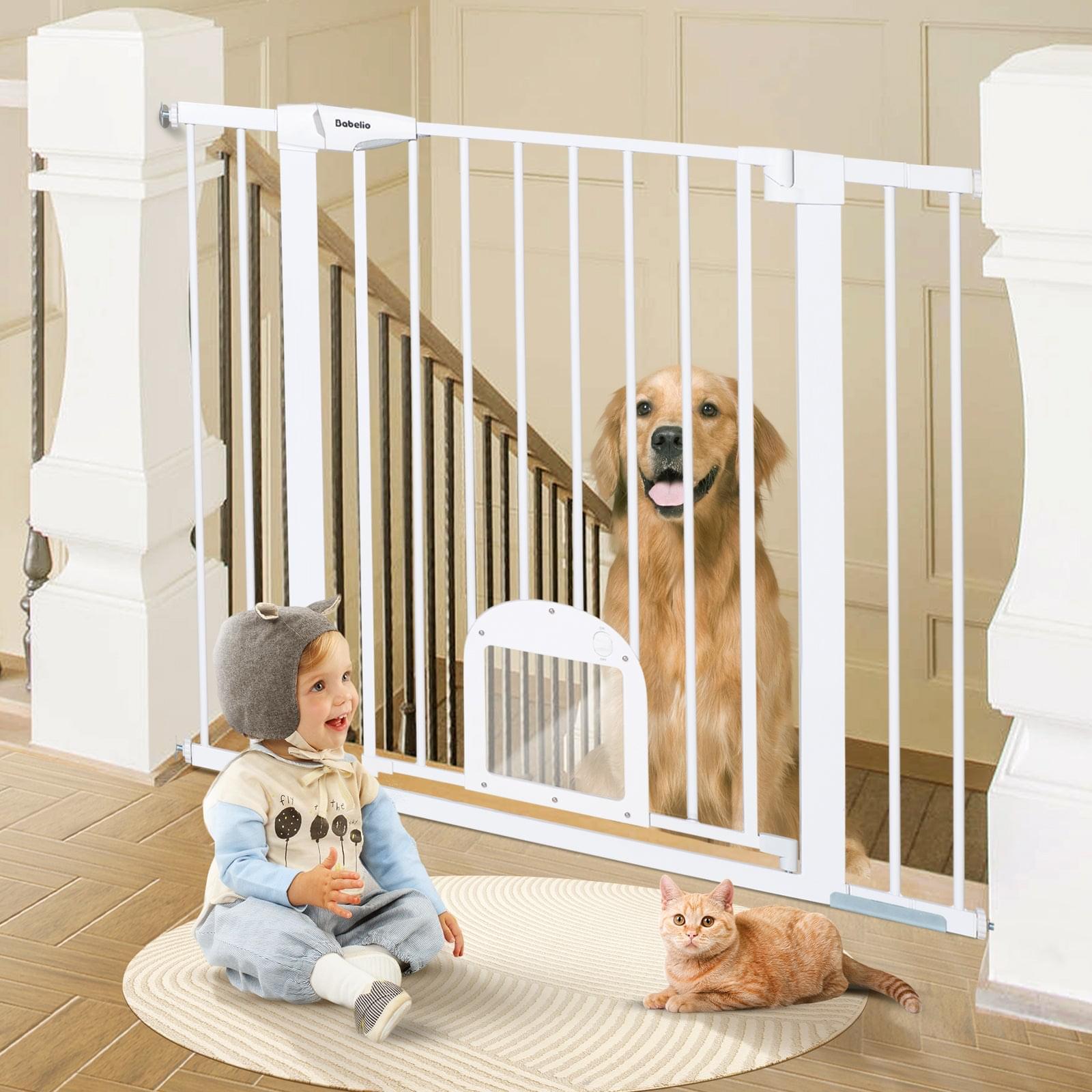 Babelio 36" Tall Upgraded Baby Gate with Cat Door, 29-43" Auto Close Durable Dog Gate for Stairs, Doorways and House, White - babeliobaby