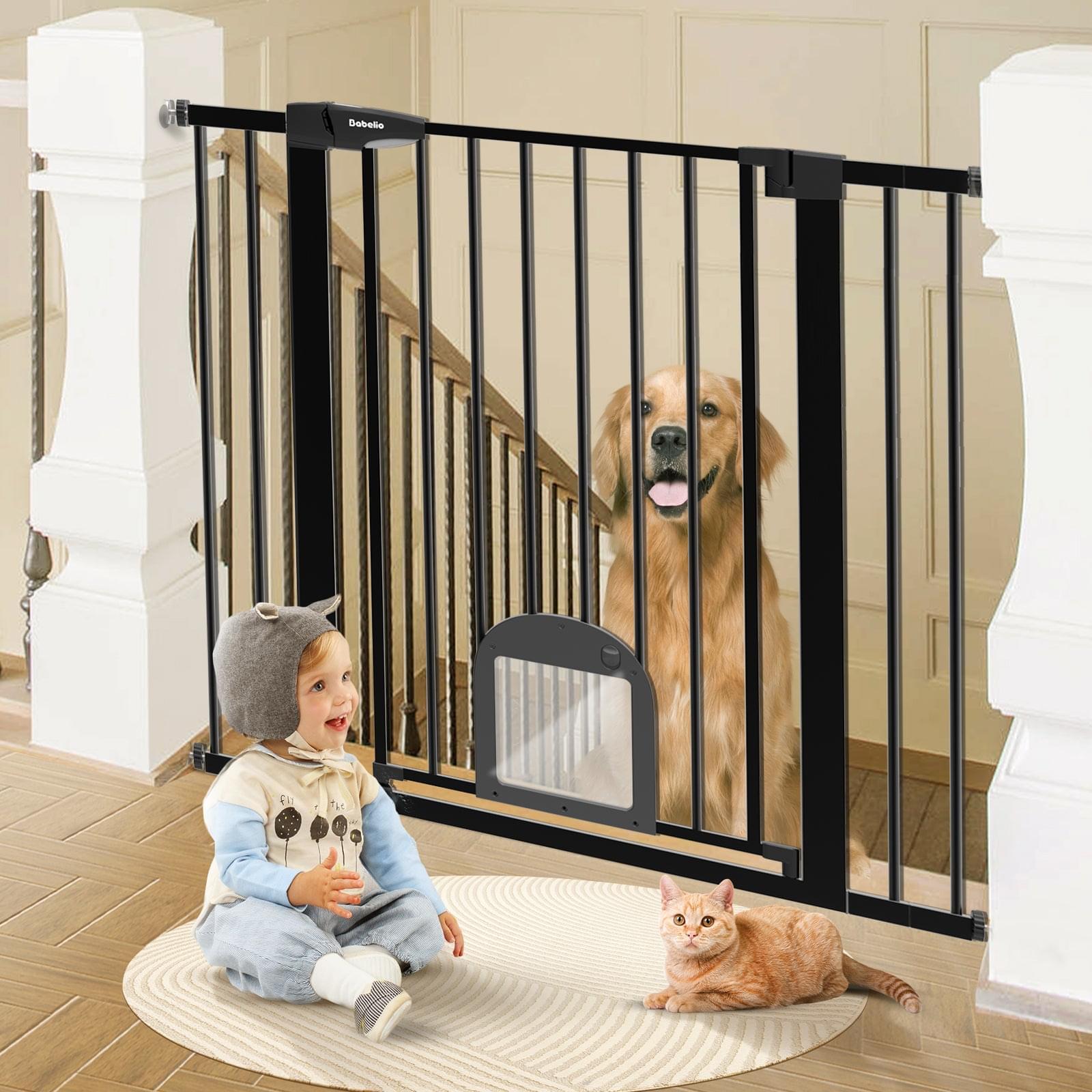 Babelio 36" Tall Upgraded Baby Gate with Cat Door, 29-43" Auto Close Durable Dog Gate for Stairs, Doorways and House, White - babeliobaby