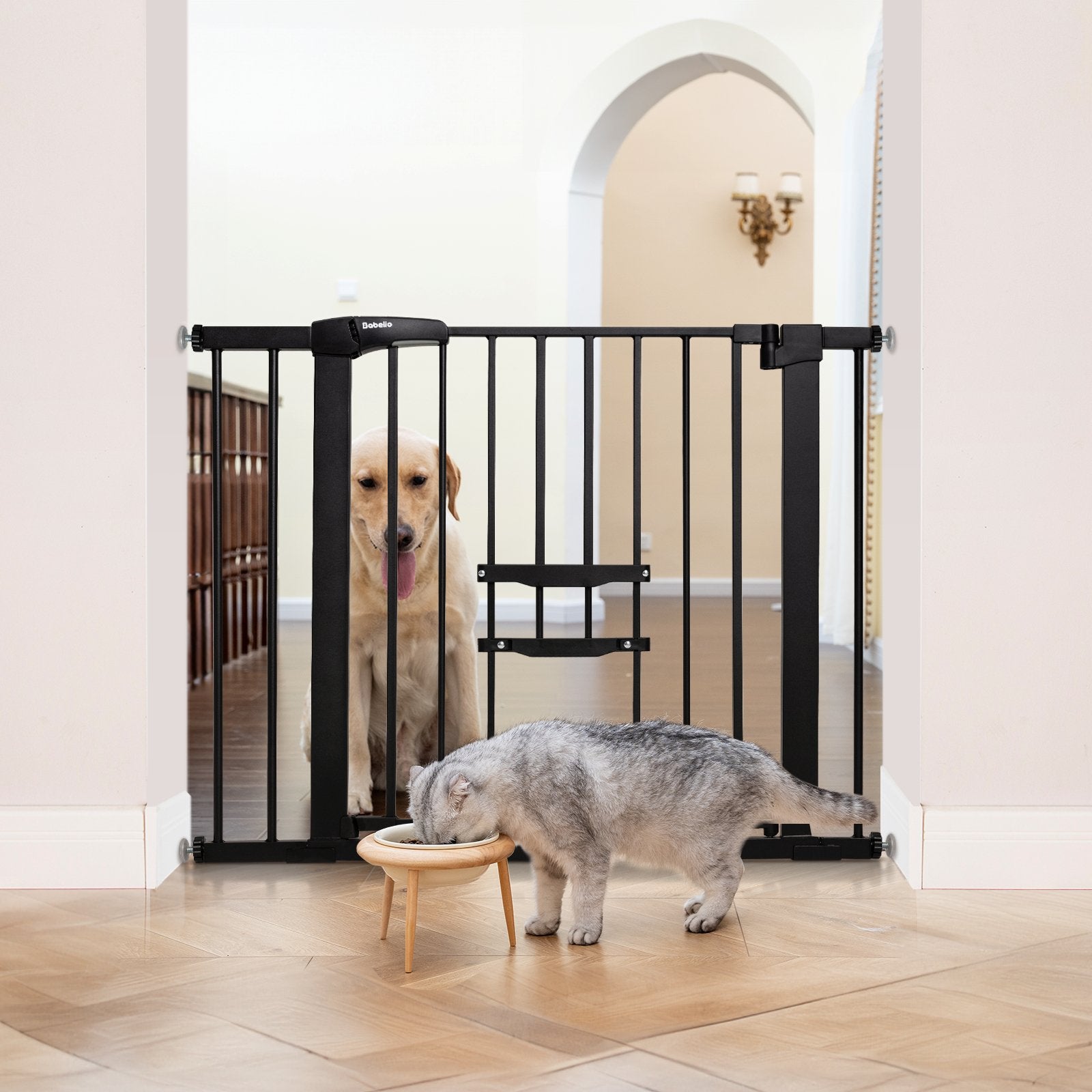 BABELIO Award-Winning Baby Gate with Cat Door, 29-40" Metal Safety Gate for Stairs & Doorways, Tool-Free Installation (30" Tall) - babeliobaby