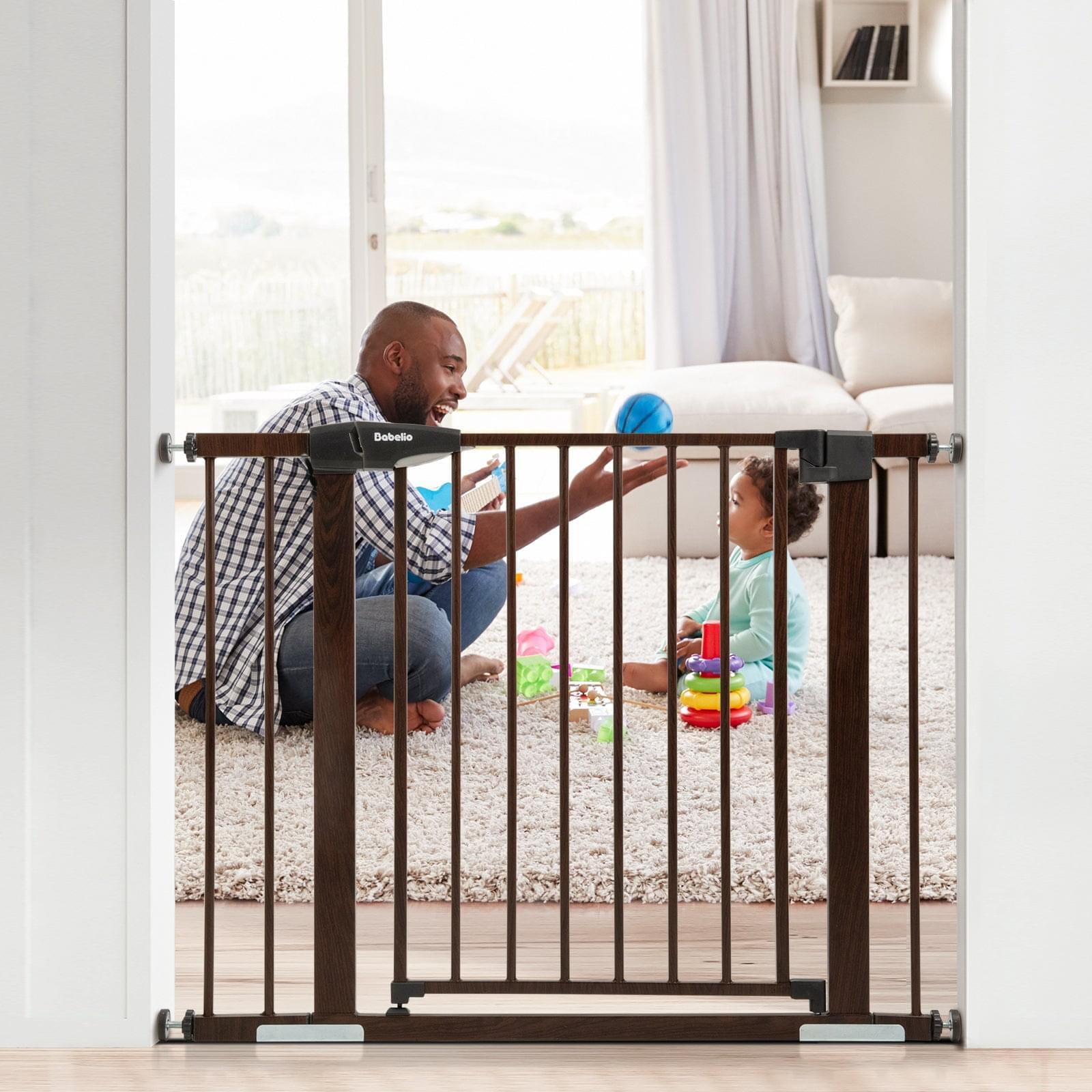 Babelio Baby Gate Extension Metal with Brown Wood Pattern, 2.75/5.5'' Extra Wide Pet Gate for Stairs & Doorways,, 30" Tall - babeliobaby