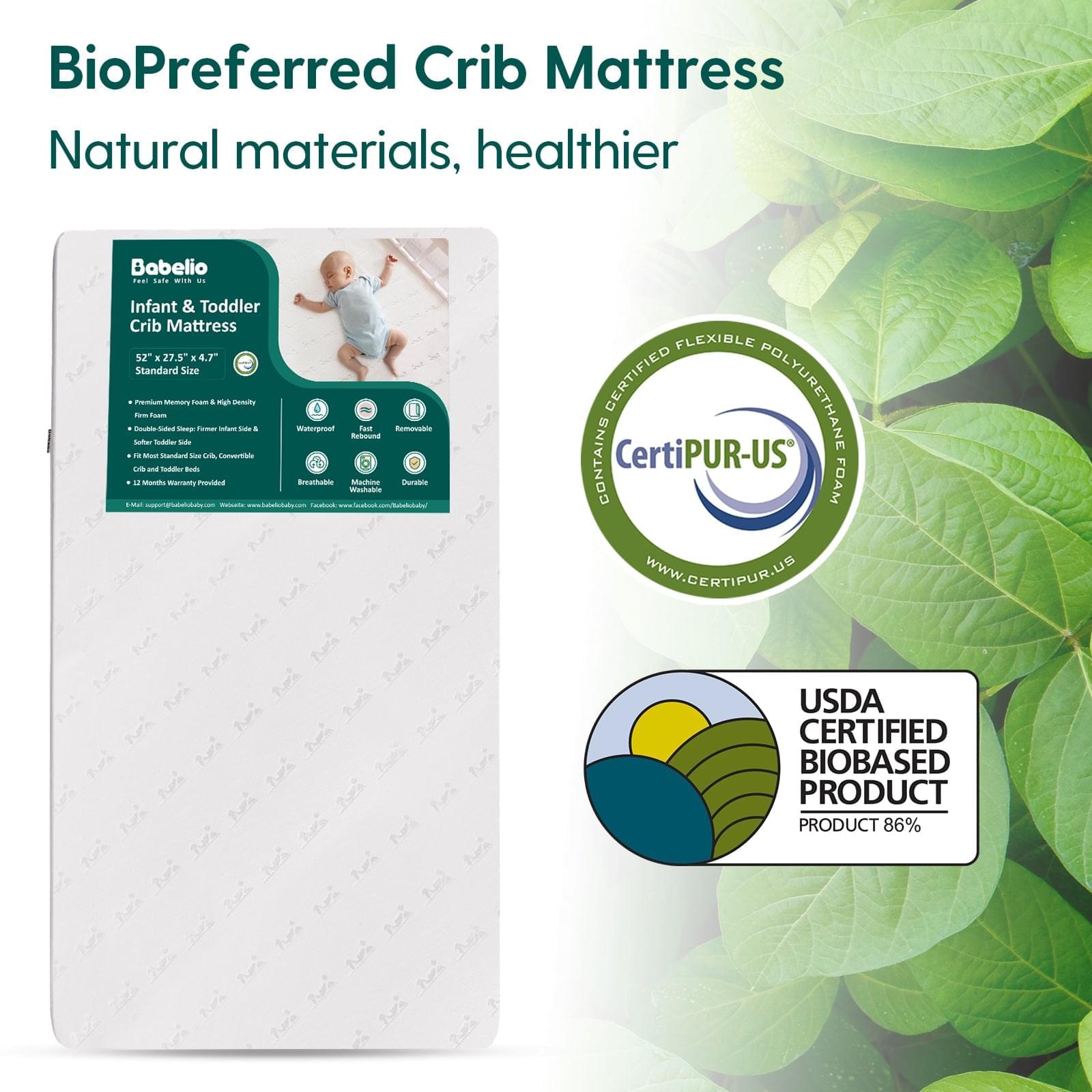BABELIO Biobased Breathable Crib and Toddler Mattresses, USDA BioPreferred, Dual-Sided Baby Mattresses - babeliobaby