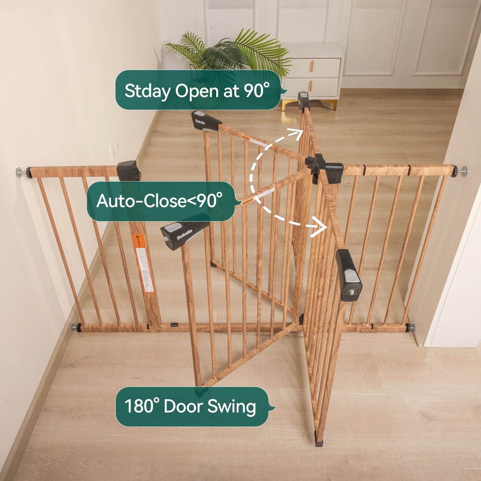 Babelio Metal Baby Gate with Wood Pattern, Easy Install Pressure Mounted Dog Gate, No Drilling, No Tools Required - babeliobaby