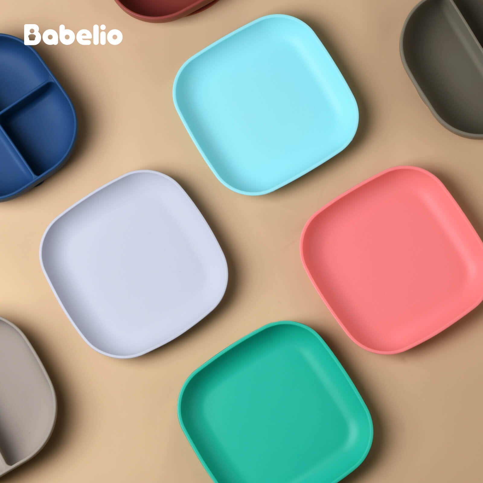 Babelio colorful silicone toddler plates set displayed on a beige surface