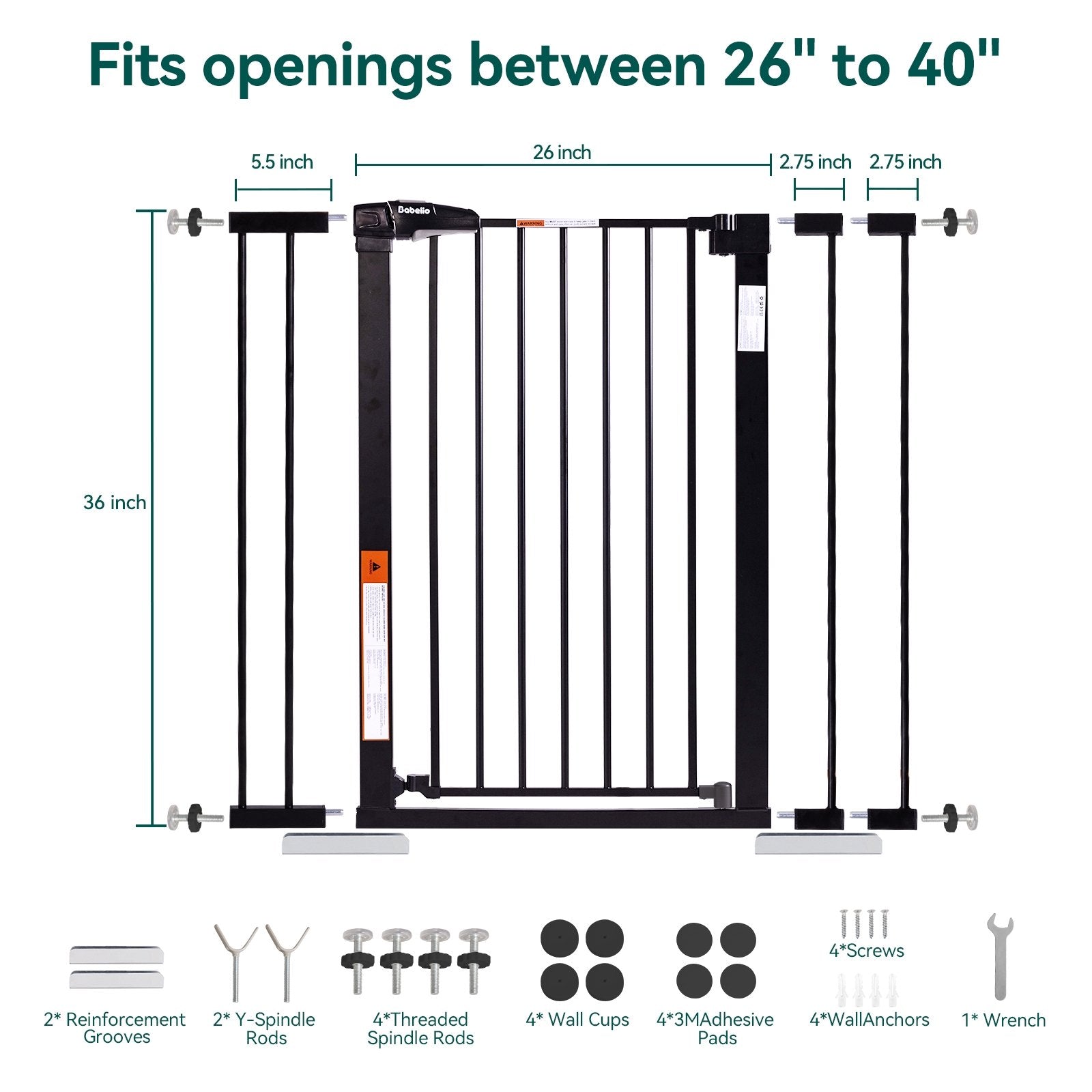 Babelio Protectors Easy Install 26-40" Metal Baby/Pet Gate 36" High (Black) - babeliobaby