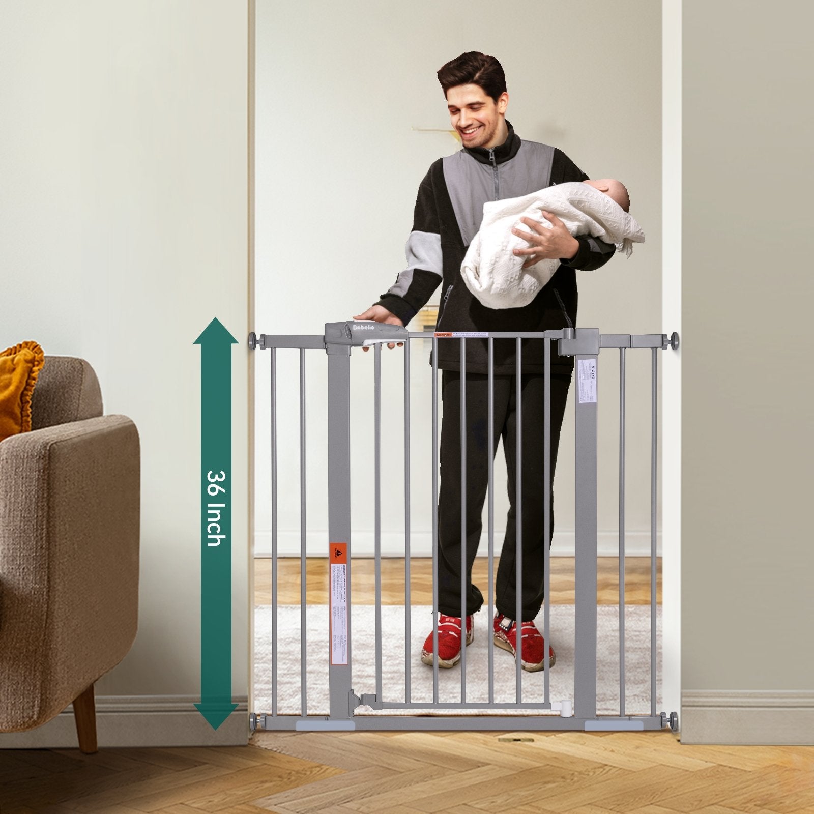 Babelio Protectors Easy Install 26-40" Metal Baby/Pet Gate 36" High (Gray) - babeliobaby