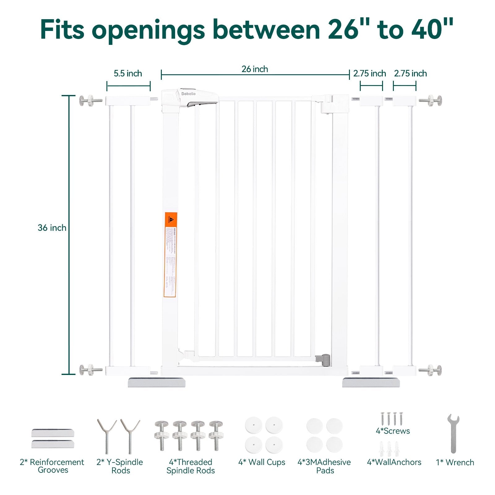 Babelio Protectors Easy Install 26-40" Metal Baby/Pet Gate 36" High (White) - babeliobaby