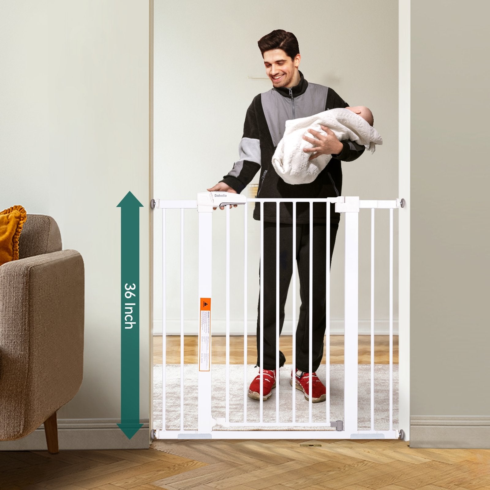 Babelio Protectors Easy Install 26-40" Metal Baby/Pet Gate 36" High (White) - babeliobaby