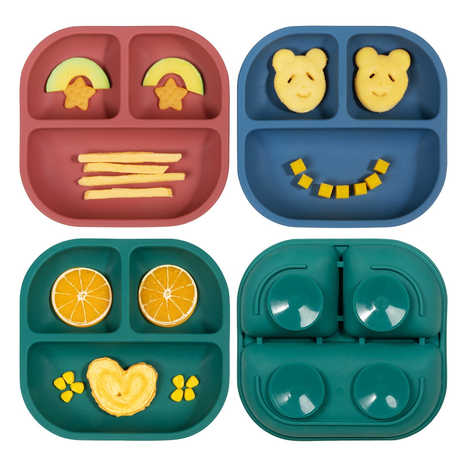 Babelio colorful silicone baby suction plates set of three with fun food designs