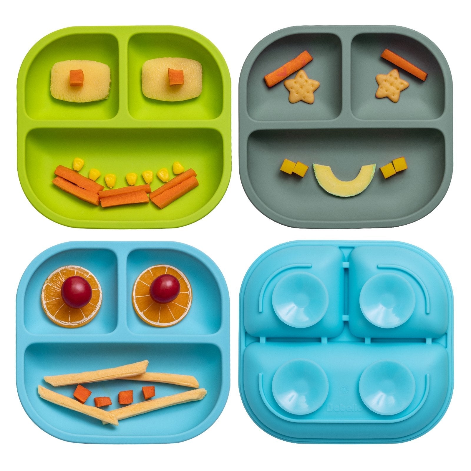 Babelio silicone baby suction plates in green, blue, and gray with food faces, nursery use