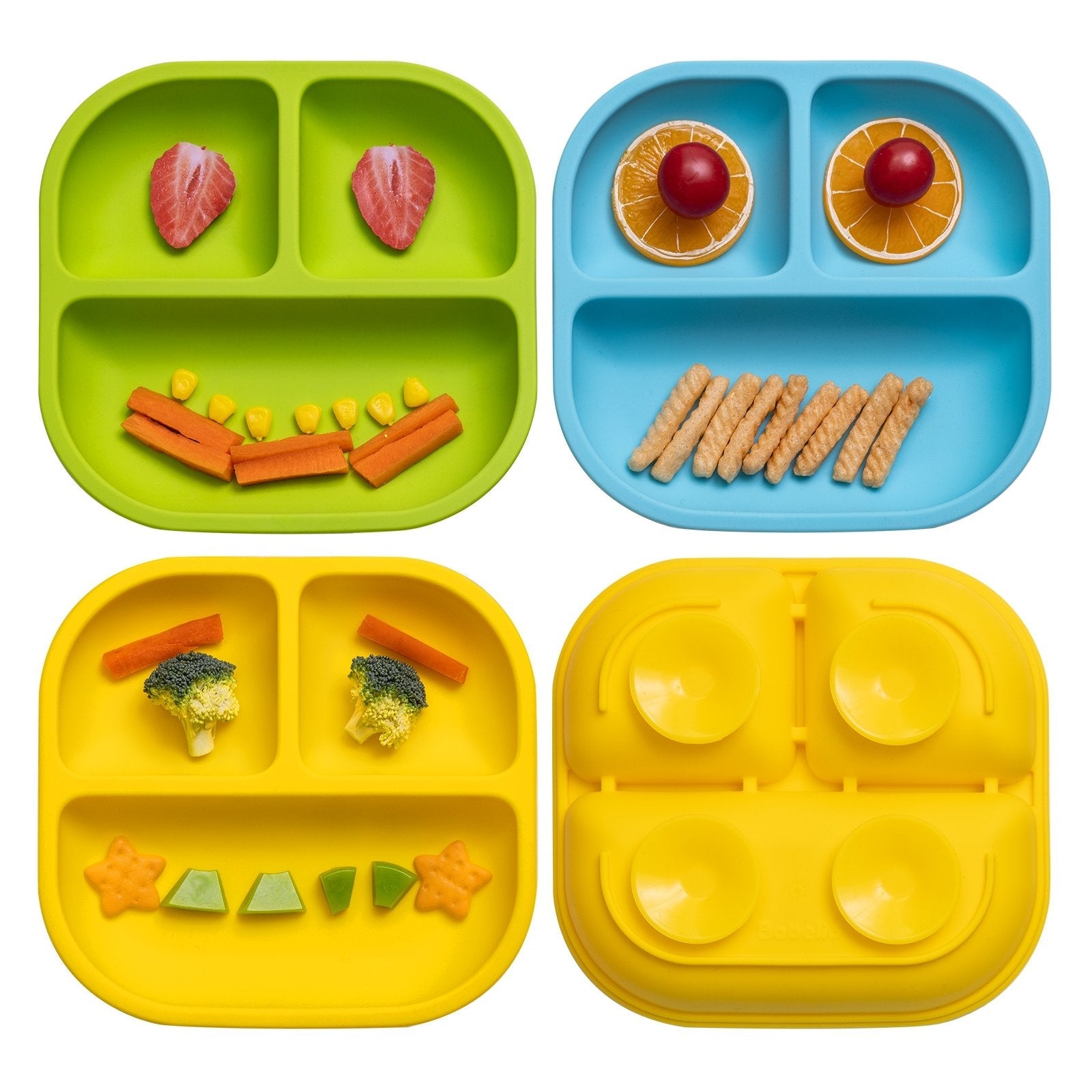 Babelio colorful silicone suction plates for babies and toddlers, shown with food in nursery.