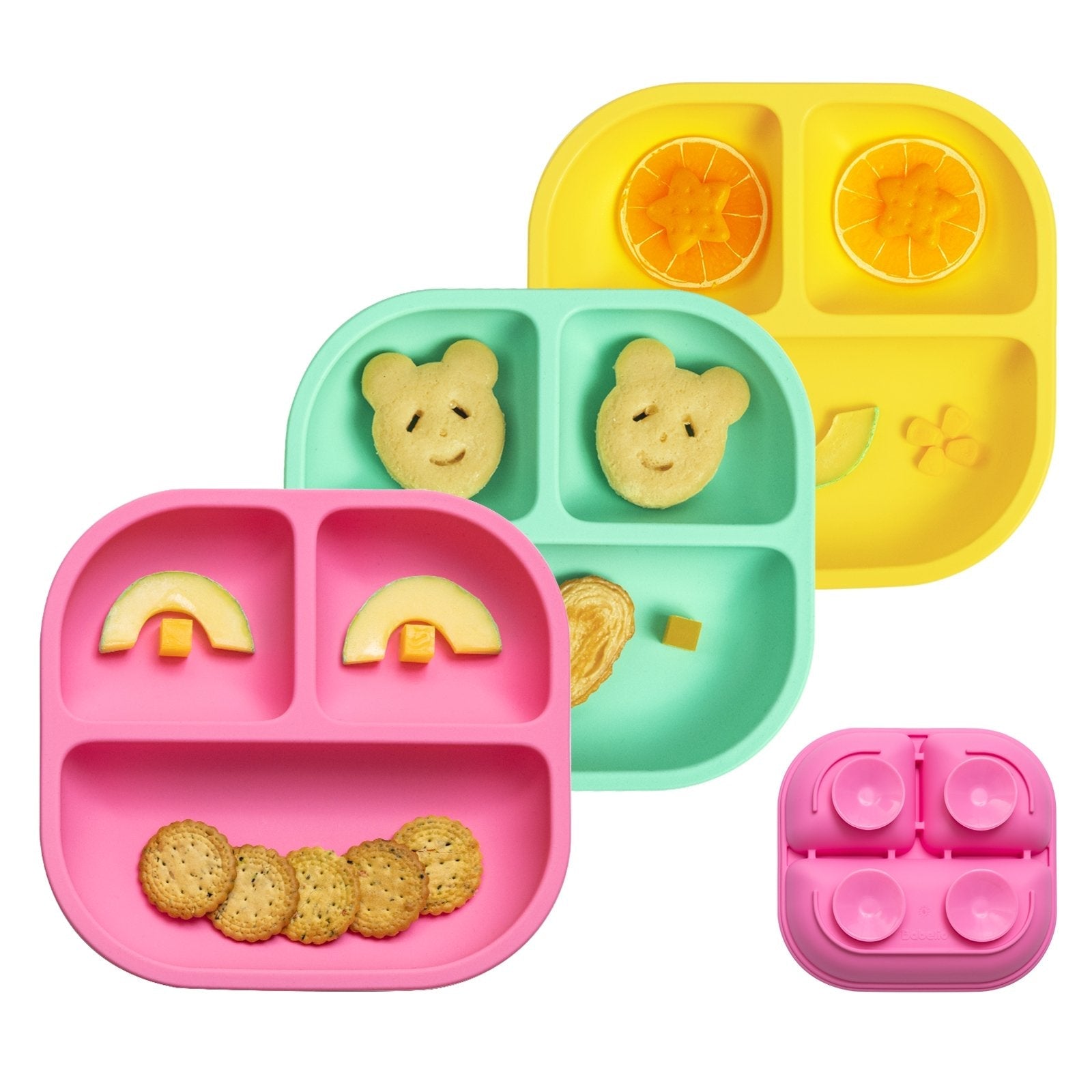 Babelio colorful silicone suction plates for babies and toddlers with snacks, shown in a set of three.