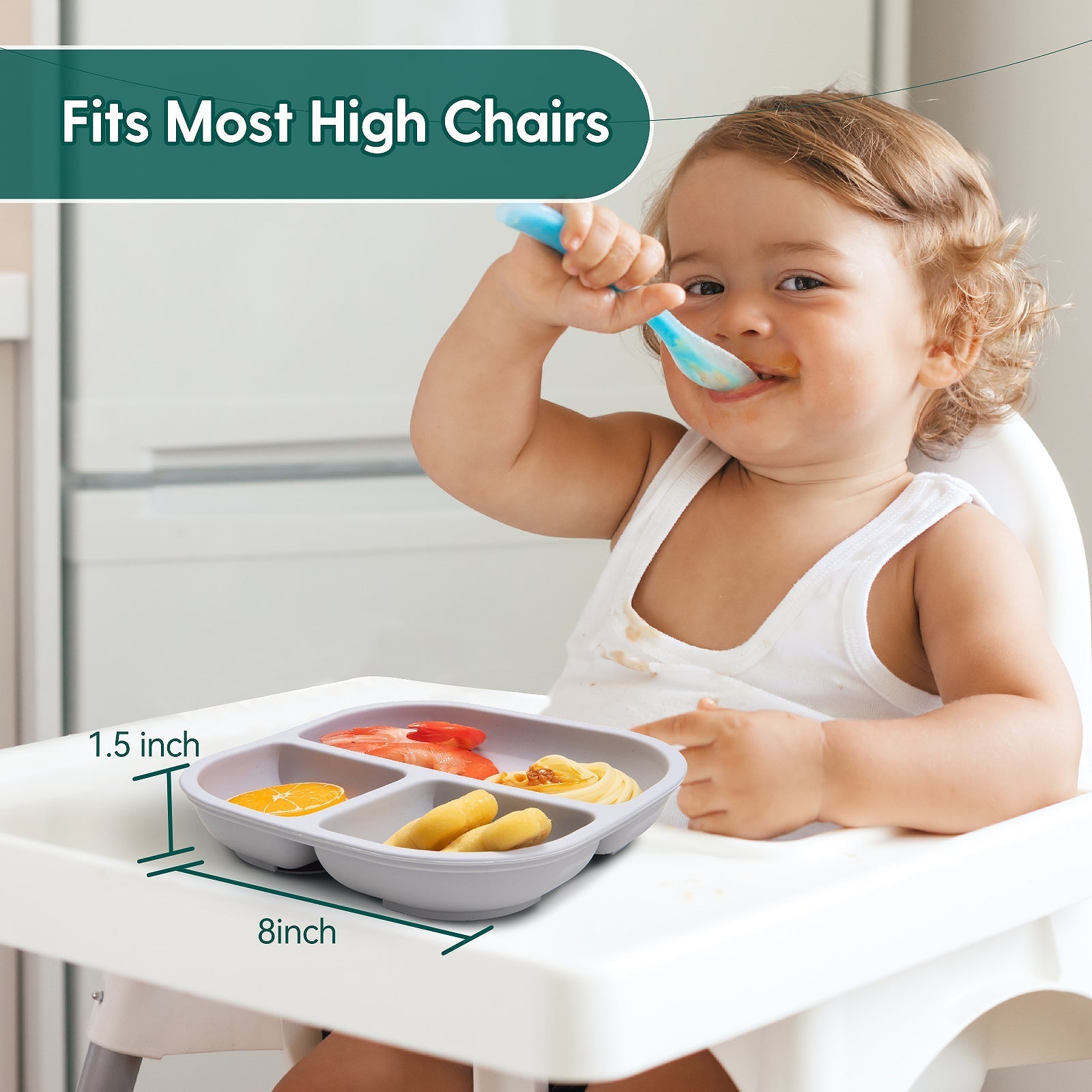 Babelio suction baby plate on high chair with toddler eating in a kitchen setting