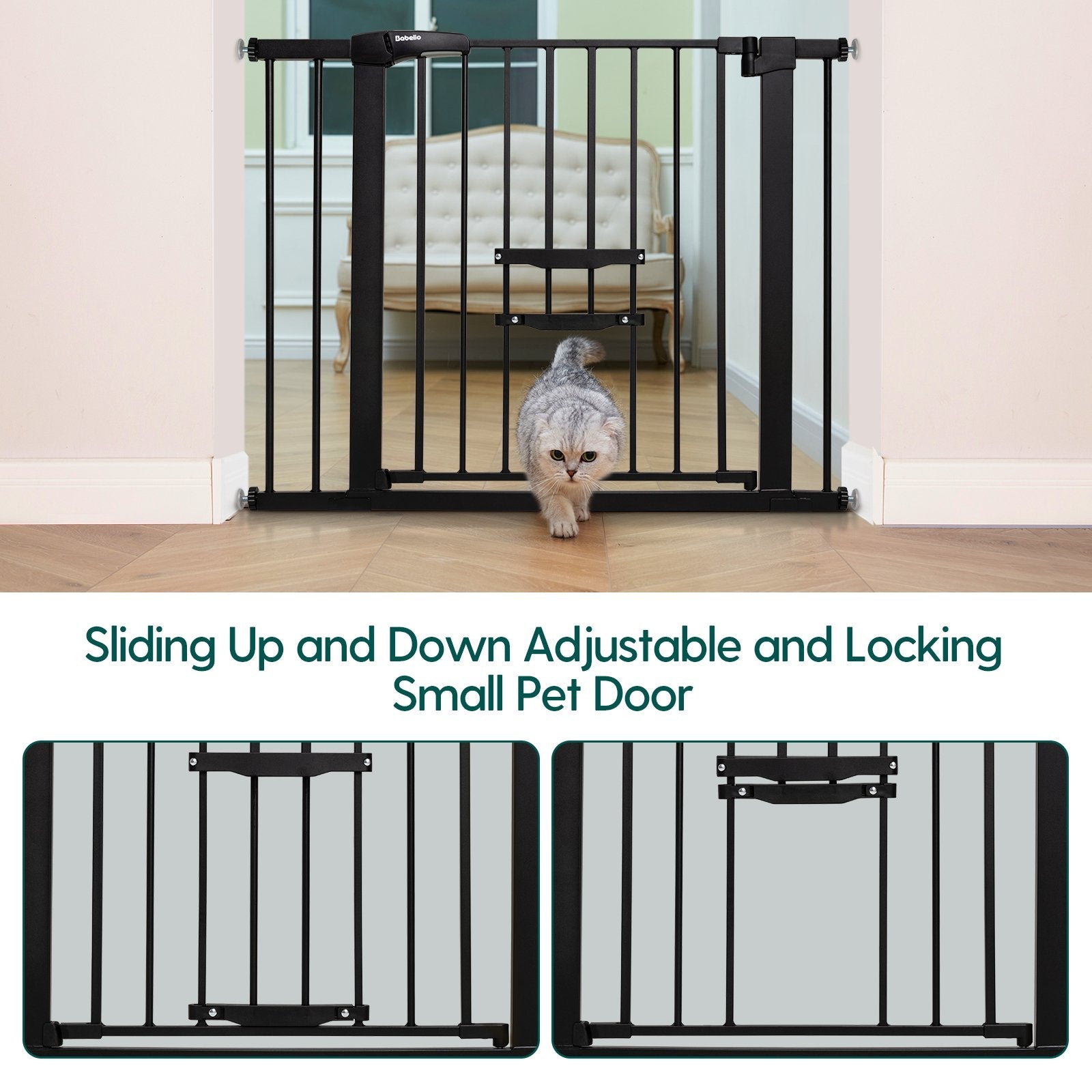 Babelio black baby safety gate with adjustable cat door in a modern living room setting