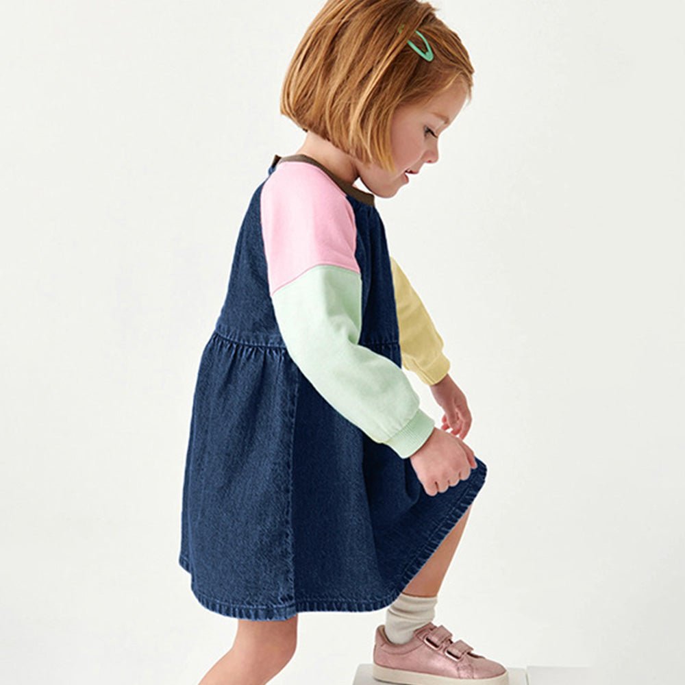 Chic Long-Sleeve Denim Dress for Girls – Cute Color-Block Style with 100% Cotton Comfort - babeliobaby