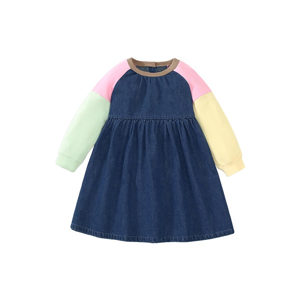 Chic Long-Sleeve Denim Dress for Girls – Cute Color-Block Style with 100% Cotton Comfort - babeliobaby
