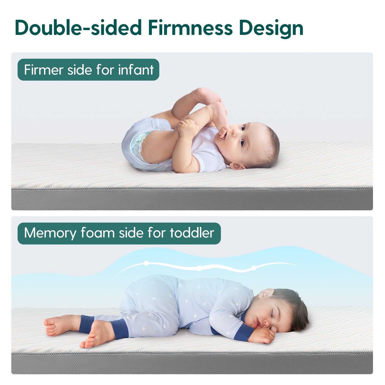 Babelio crib mattress showing double-sided firmness, infant and toddler on mattress in nursery