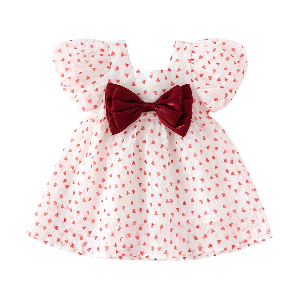 Summer New Arrival Girls' Cute Heart Bow Dress, Baby Infant Short Sleeve Princess Dress - babeliobaby