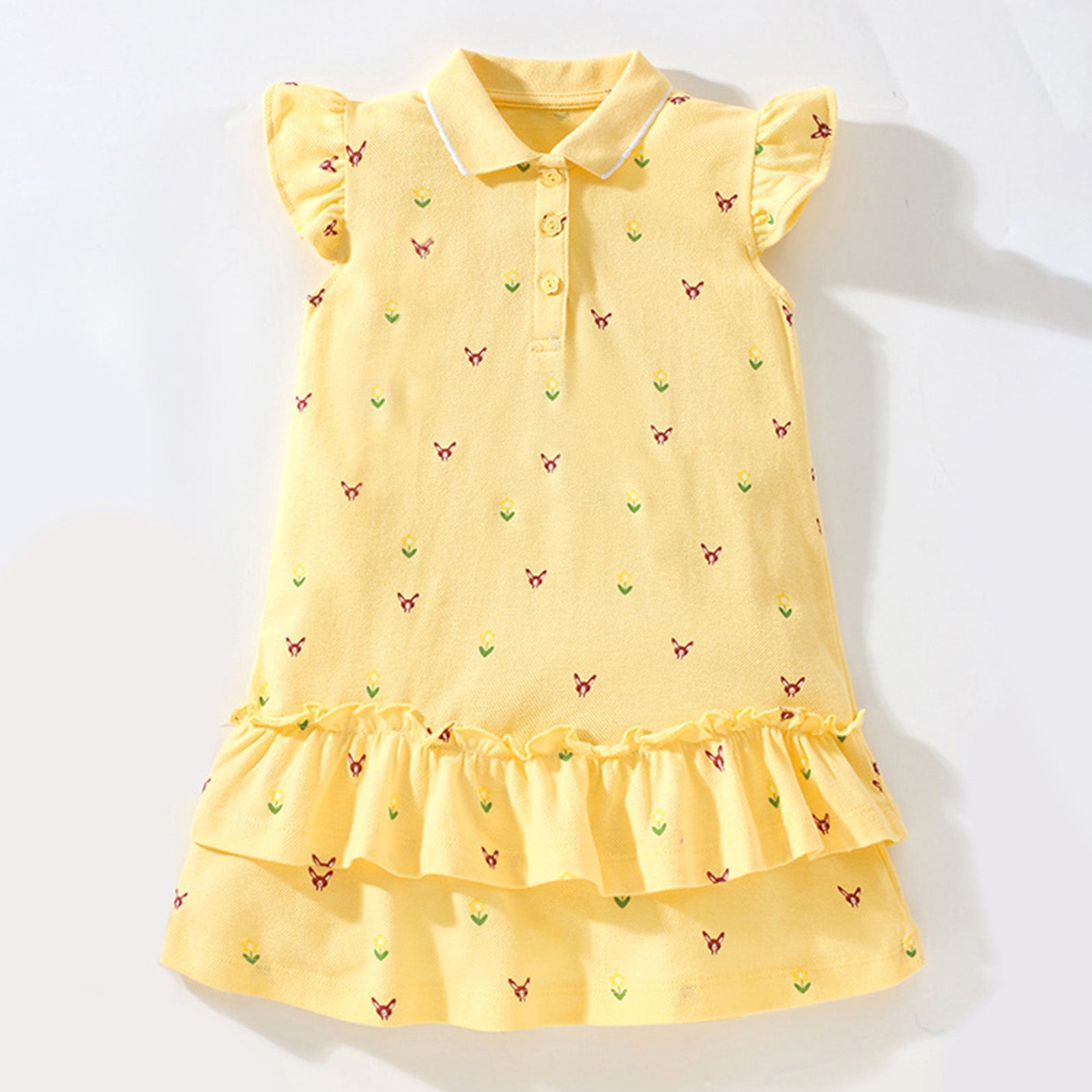 Tiny Cuddling Toddler Girls Short Sleeve Dress Cotton Casual Summer Sundress Cartoon Ruffle Sleevaless - babeliobaby